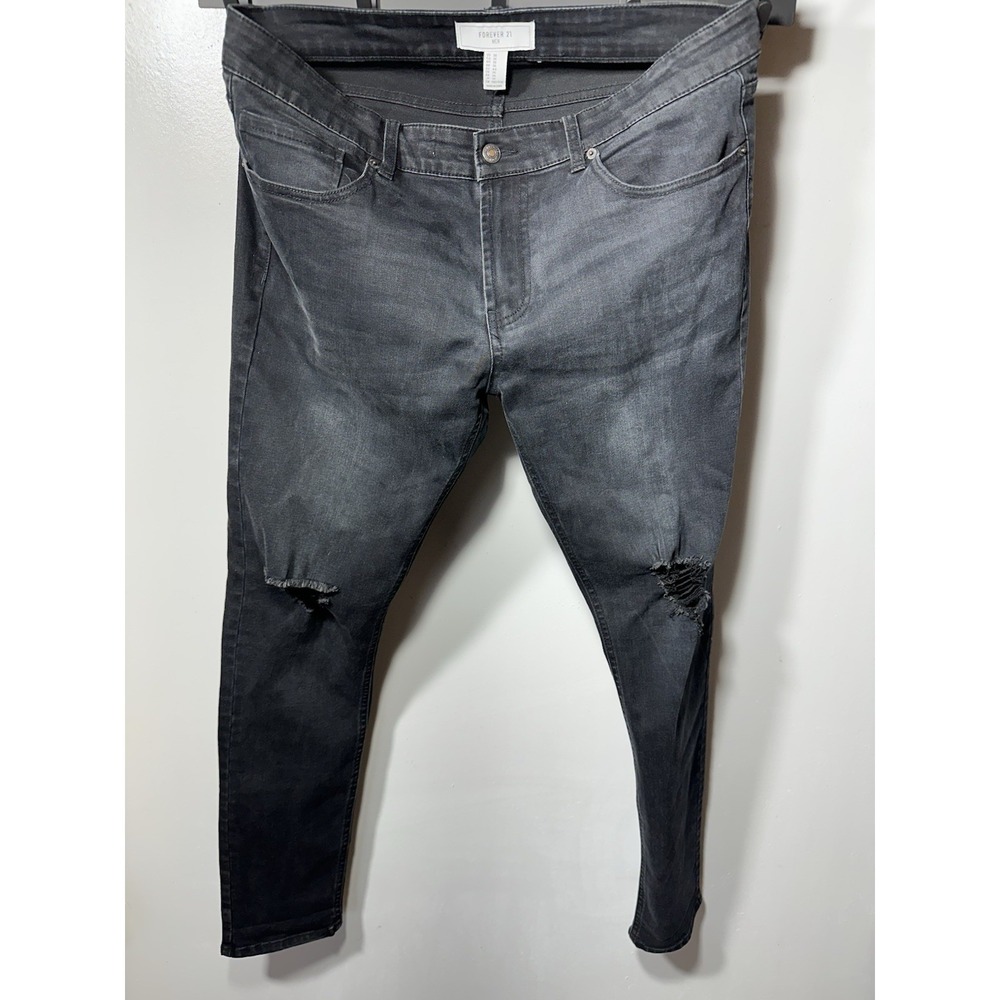 Forever 21 Men's Black Skinny Jeans Cotton Blend Stretch Distressed 5-Pocket